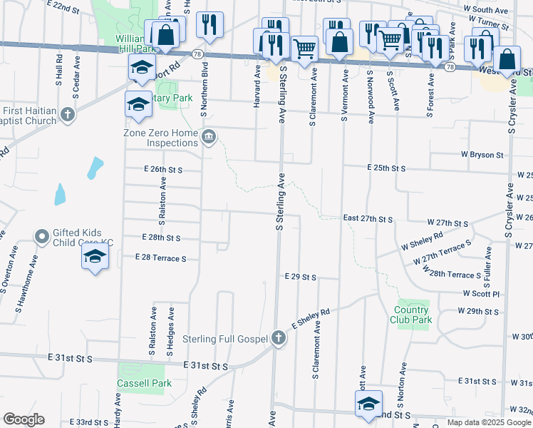 map of restaurants, bars, coffee shops, grocery stores, and more near 11128 East 27th Street South in Independence