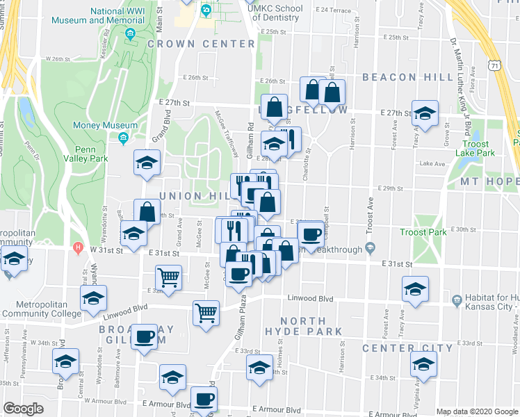 map of restaurants, bars, coffee shops, grocery stores, and more near 2924 Cherry Street in Kansas City
