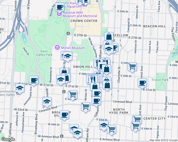map of restaurants, bars, coffee shops, grocery stores, and more near 2922 Oak Street in Kansas City