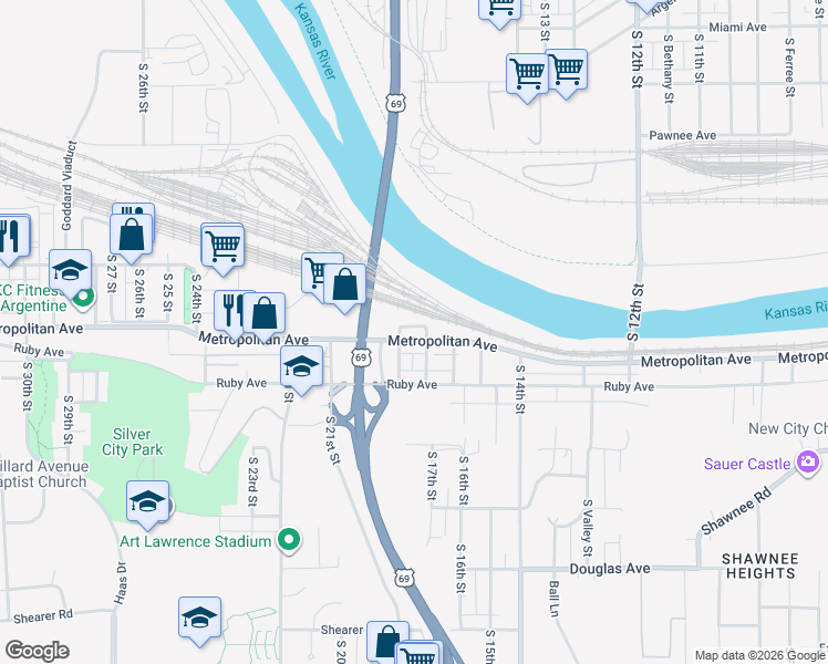 map of restaurants, bars, coffee shops, grocery stores, and more near 1602 South 17th Street in Kansas City