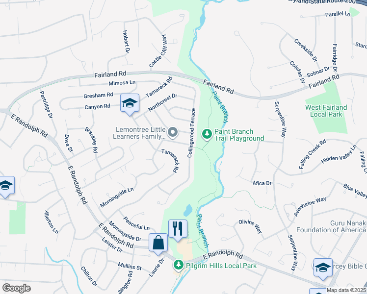 map of restaurants, bars, coffee shops, grocery stores, and more near 1613 Lemontree Lane in Silver Spring