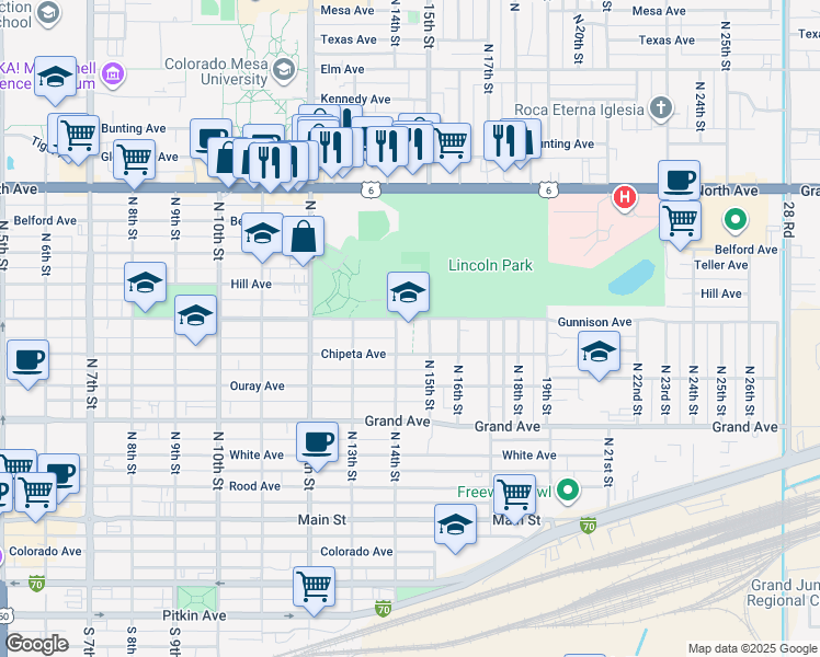 map of restaurants, bars, coffee shops, grocery stores, and more near 600 North 14th Street in Grand Junction