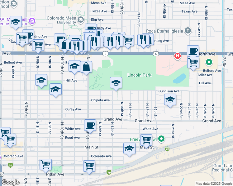 map of restaurants, bars, coffee shops, grocery stores, and more near 600 North 14th Street in Grand Junction