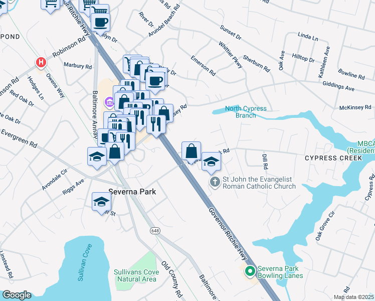 map of restaurants, bars, coffee shops, grocery stores, and more near 17 Park Meadows Road in Severna Park