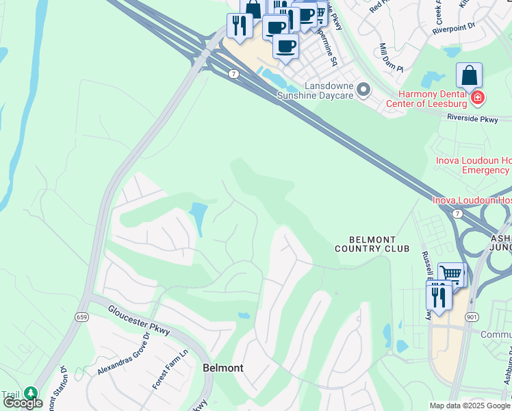 map of restaurants, bars, coffee shops, grocery stores, and more near 19622 Saratoga Springs Place in Ashburn