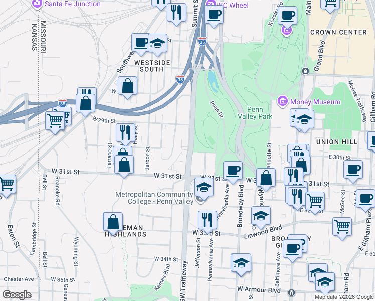 map of restaurants, bars, coffee shops, grocery stores, and more near 2950 Summit Street in Kansas City
