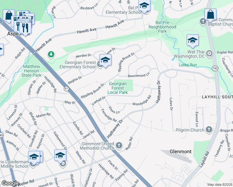 map of restaurants, bars, coffee shops, grocery stores, and more near 13312 Foxhall Drive in Silver Spring