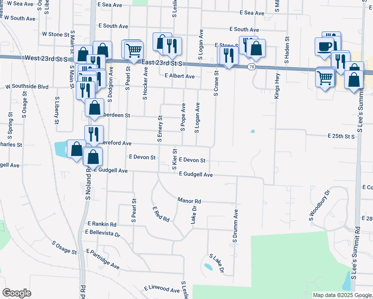 map of restaurants, bars, coffee shops, grocery stores, and more near 1518 South Logan Avenue in Independence