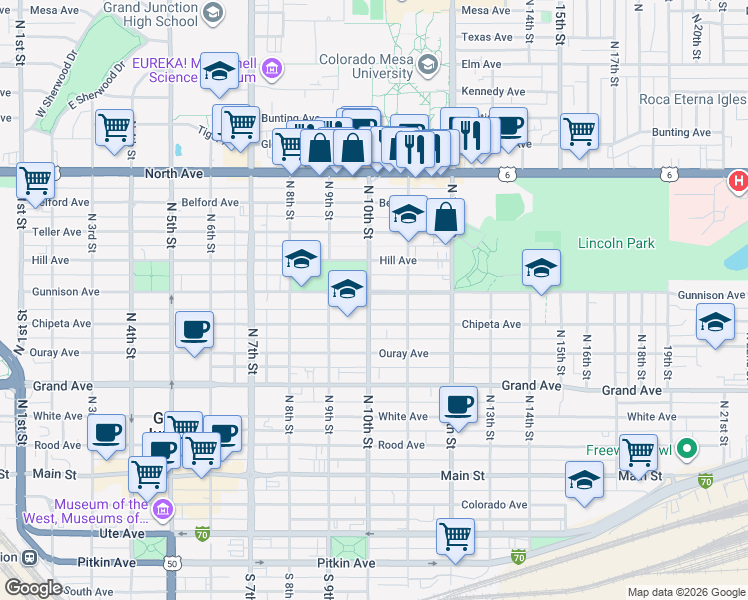 map of restaurants, bars, coffee shops, grocery stores, and more near 1040 Gunnison Ave in Grand Junction