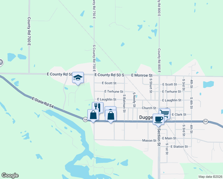 map of restaurants, bars, coffee shops, grocery stores, and more near 7620 East Scott Street in Dugger