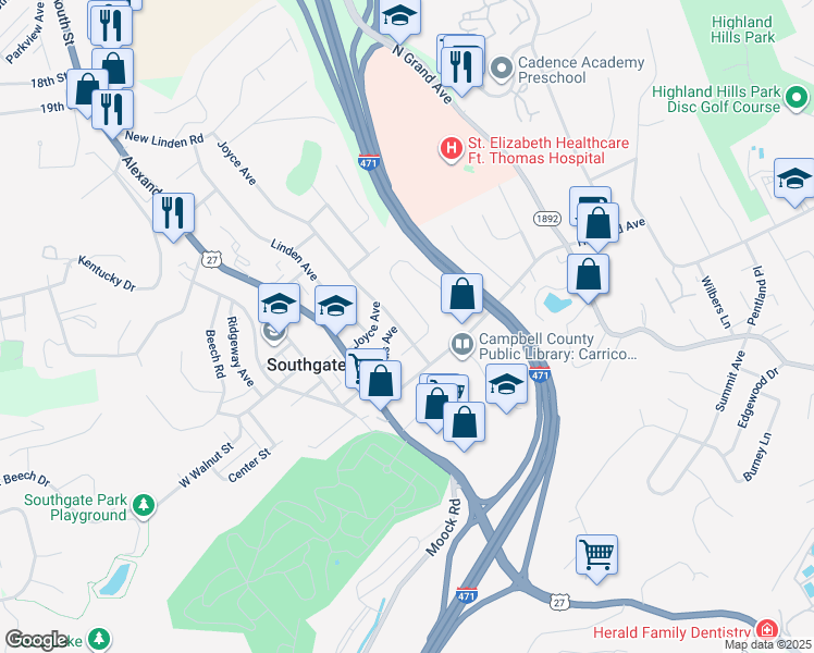 map of restaurants, bars, coffee shops, grocery stores, and more near 38 Washington Avenue in Fort Thomas