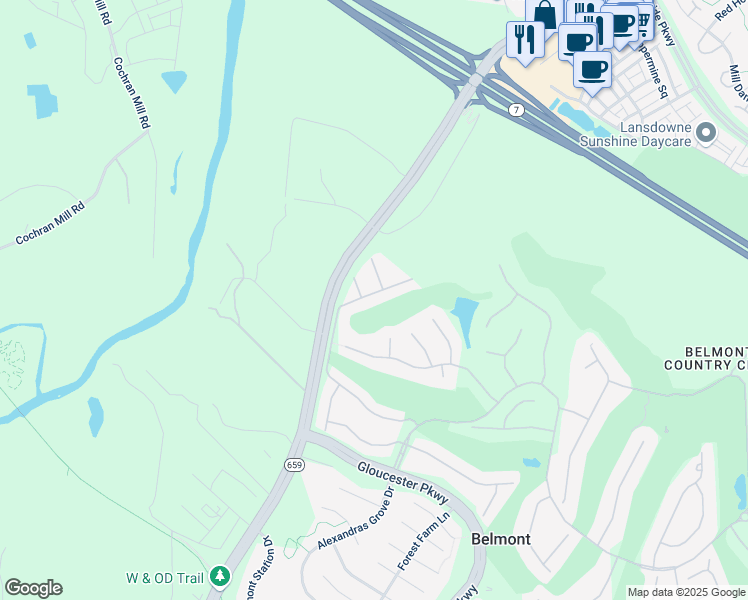map of restaurants, bars, coffee shops, grocery stores, and more near 43136 Baltusrol Terrace in Ashburn