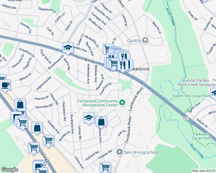 map of restaurants, bars, coffee shops, grocery stores, and more near 5714 Crawford Drive in Rockville