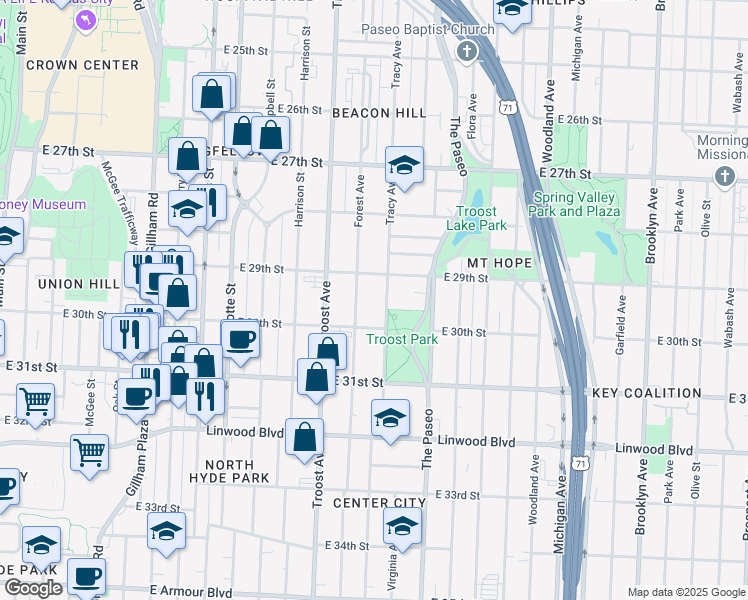 map of restaurants, bars, coffee shops, grocery stores, and more near 2918 Tracy Avenue in Kansas City