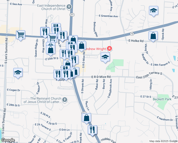 map of restaurants, bars, coffee shops, grocery stores, and more near 17008 East R D Mize Road in Independence