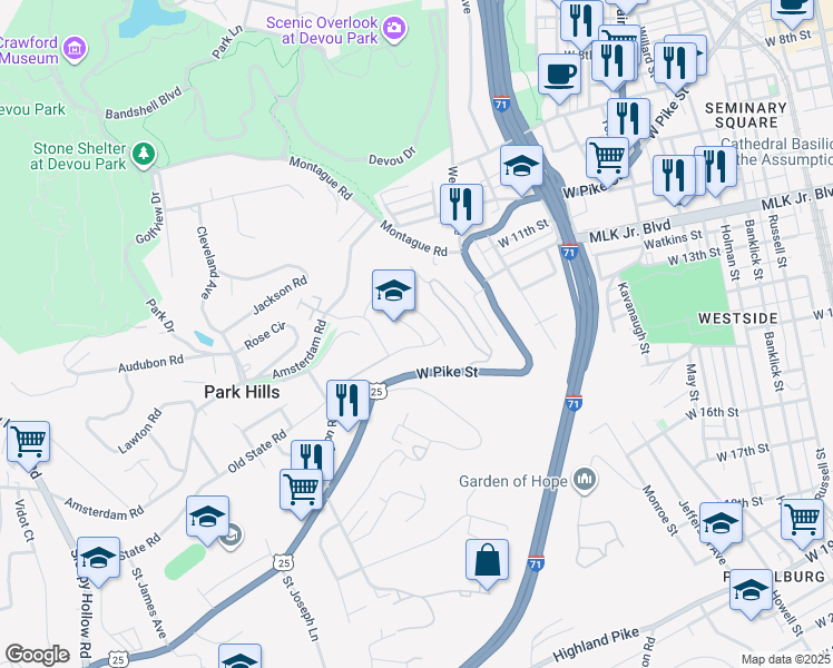 map of restaurants, bars, coffee shops, grocery stores, and more near 1025 Amsterdam Road in Park Hills