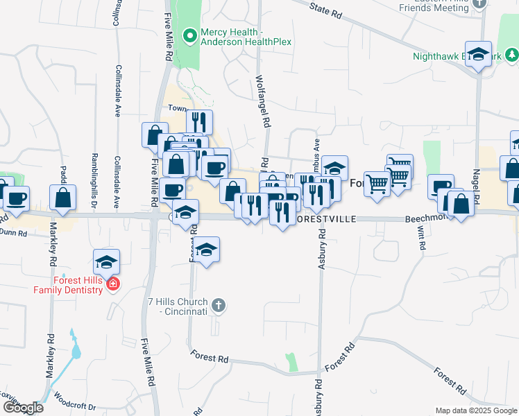 map of restaurants, bars, coffee shops, grocery stores, and more near 7668 Beechmont Avenue in Cincinnati