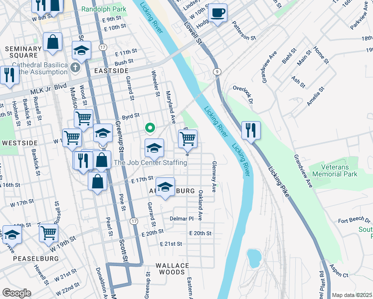 map of restaurants, bars, coffee shops, grocery stores, and more near 513 Oliver Street in Covington