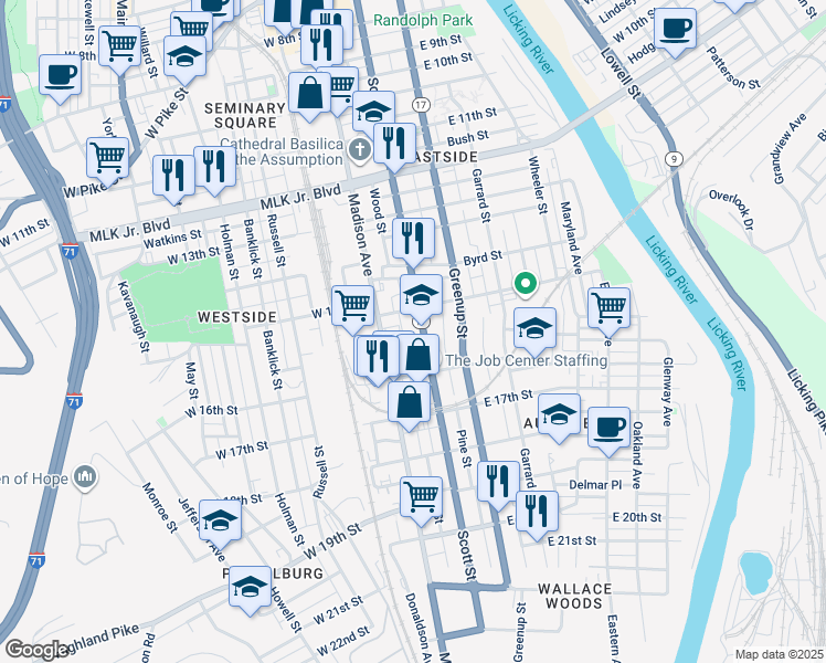 map of restaurants, bars, coffee shops, grocery stores, and more near 1508 Scott Boulevard in Covington
