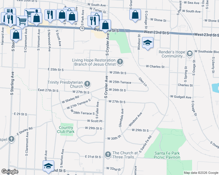 map of restaurants, bars, coffee shops, grocery stores, and more near 2532 South Crysler Avenue in Independence