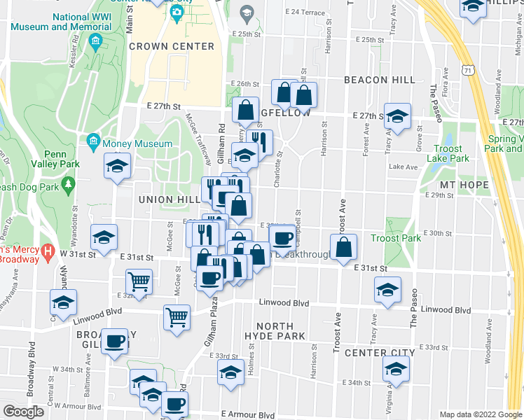 map of restaurants, bars, coffee shops, grocery stores, and more near 2923 Holmes Street in Kansas City