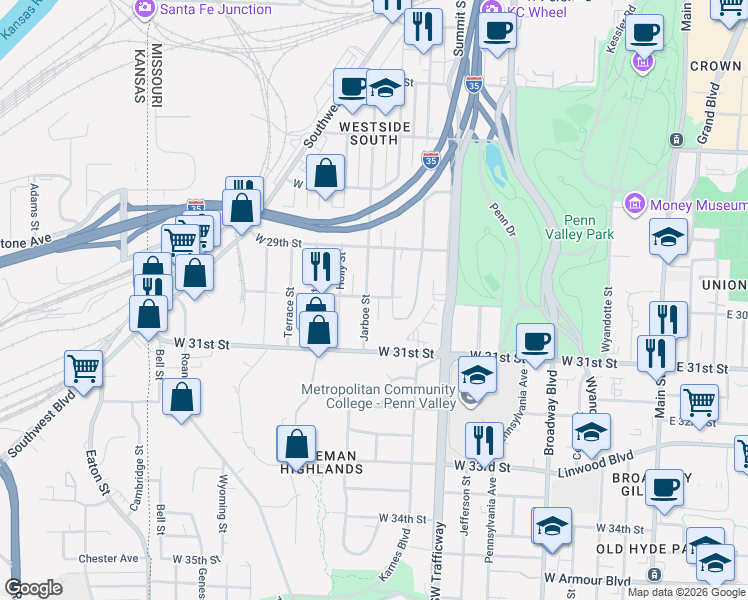 map of restaurants, bars, coffee shops, grocery stores, and more near 1018 West 30th Street in Kansas City
