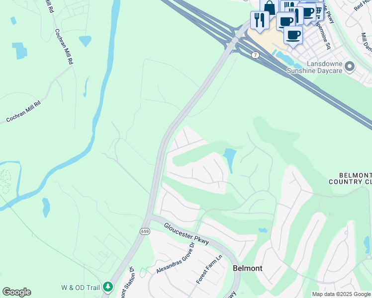 map of restaurants, bars, coffee shops, grocery stores, and more near 43132 Baltusrol Terrace in Ashburn