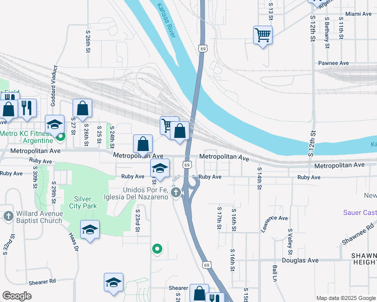 map of restaurants, bars, coffee shops, grocery stores, and more near 2687 South 18th Street Expressway in Kansas City