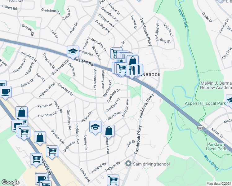 map of restaurants, bars, coffee shops, grocery stores, and more near 5714 Crawford Drive in Rockville
