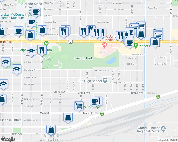 map of restaurants, bars, coffee shops, grocery stores, and more near 1805 Gunnison Avenue in Grand Junction