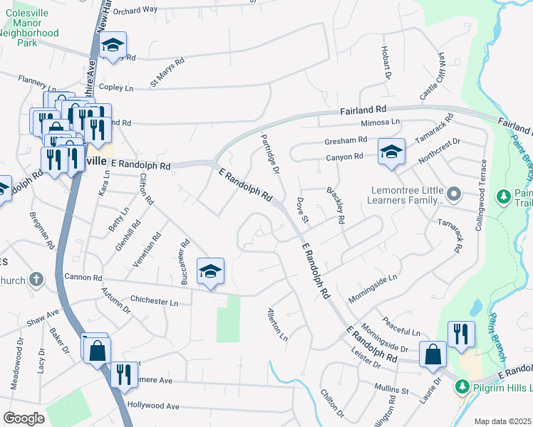map of restaurants, bars, coffee shops, grocery stores, and more near 13134 Broadmore Road in Silver Spring