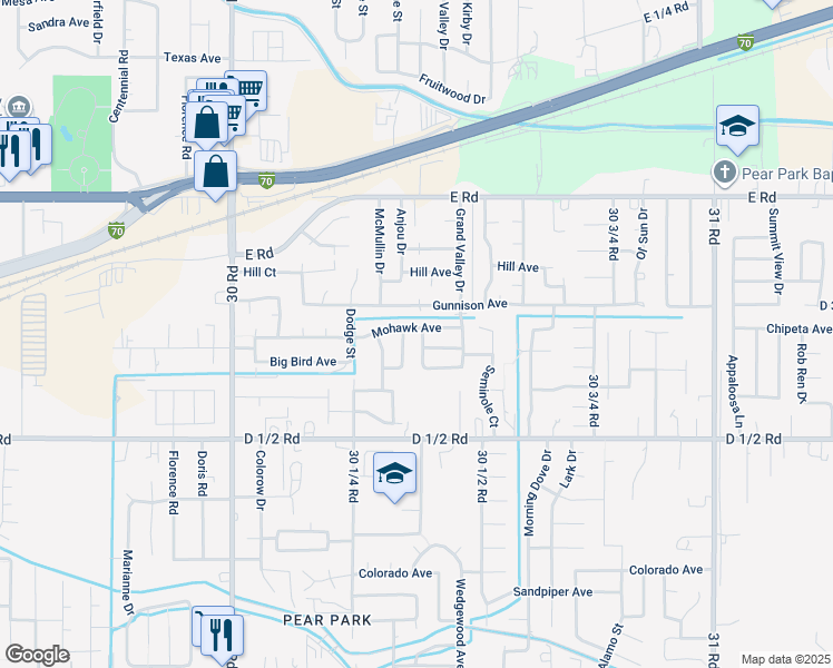 map of restaurants, bars, coffee shops, grocery stores, and more near 3042-3044 Mohawk Avenue in Grand Junction