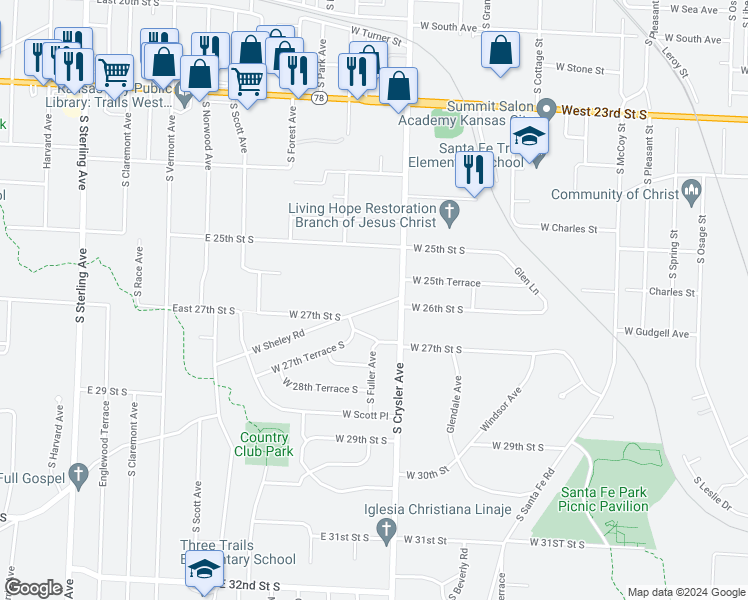 map of restaurants, bars, coffee shops, grocery stores, and more near 1304 West Sheley Road in Independence