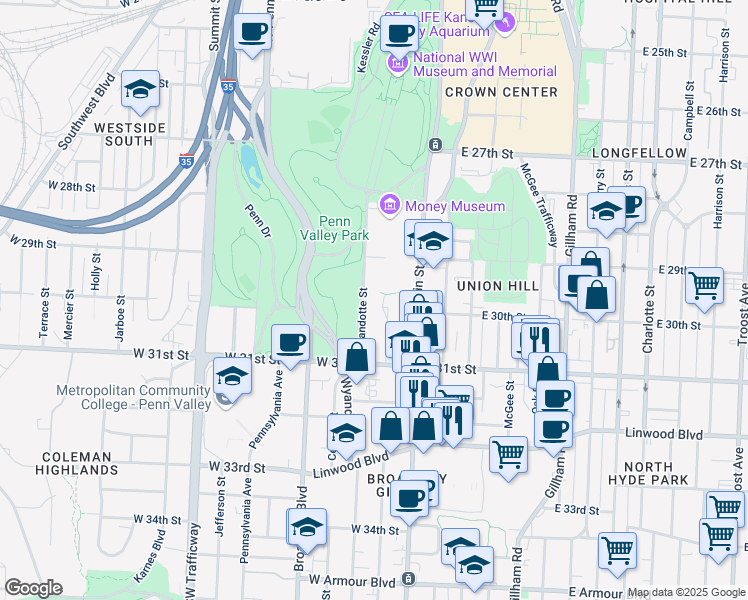 map of restaurants, bars, coffee shops, grocery stores, and more near 2940 Baltimore Avenue in Kansas City