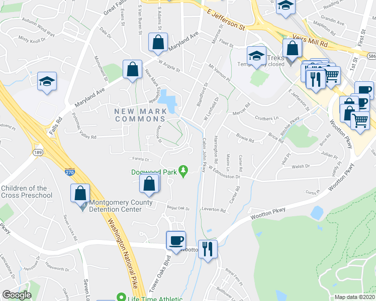 map of restaurants, bars, coffee shops, grocery stores, and more near 48 Waddington Lane in Rockville