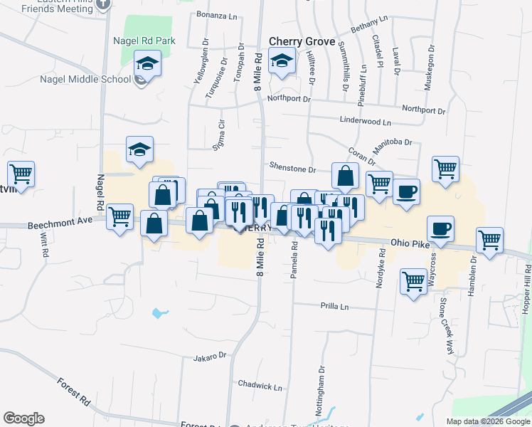 map of restaurants, bars, coffee shops, grocery stores, and more near 1252 8 Mile Road in Cincinnati