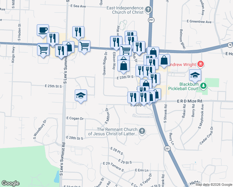 map of restaurants, bars, coffee shops, grocery stores, and more near 2516 Ellison Way in Independence