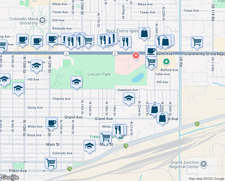 map of restaurants, bars, coffee shops, grocery stores, and more near 1821 Gunnison Avenue in Grand Junction