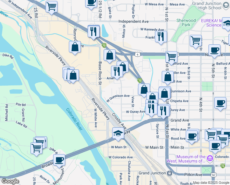 map of restaurants, bars, coffee shops, grocery stores, and more near 610 West Gunnison Avenue in Grand Junction