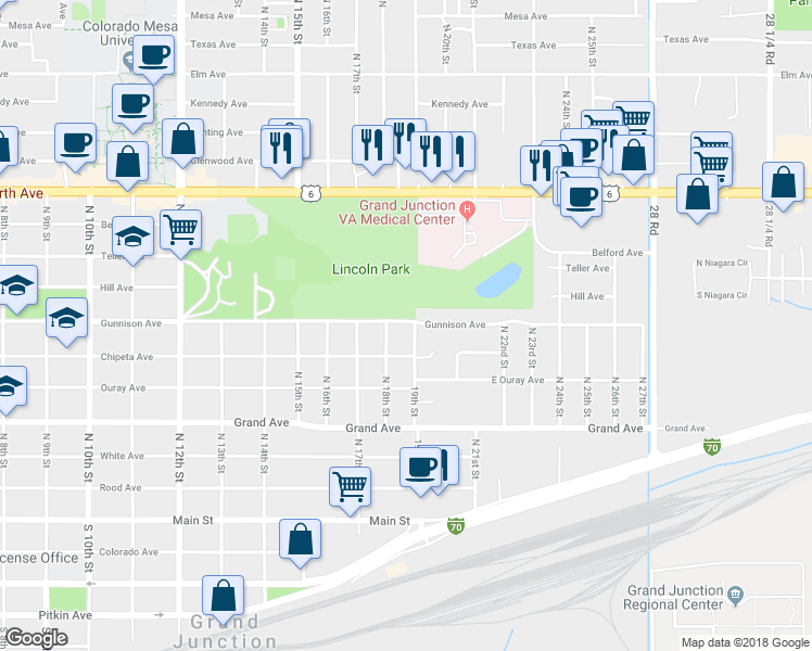 map of restaurants, bars, coffee shops, grocery stores, and more near 1823 Gunnison Avenue in Grand Junction