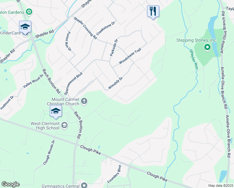 map of restaurants, bars, coffee shops, grocery stores, and more near 4119 Woodsly Drive in Batavia