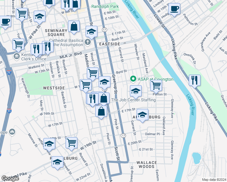 map of restaurants, bars, coffee shops, grocery stores, and more near 1522 Greenup Street in Covington