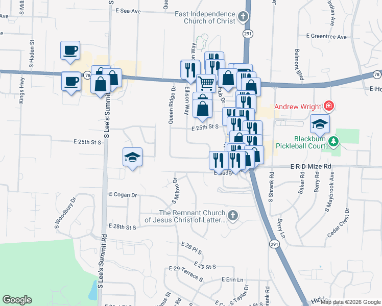 map of restaurants, bars, coffee shops, grocery stores, and more near 2516 Ellison Way in Independence
