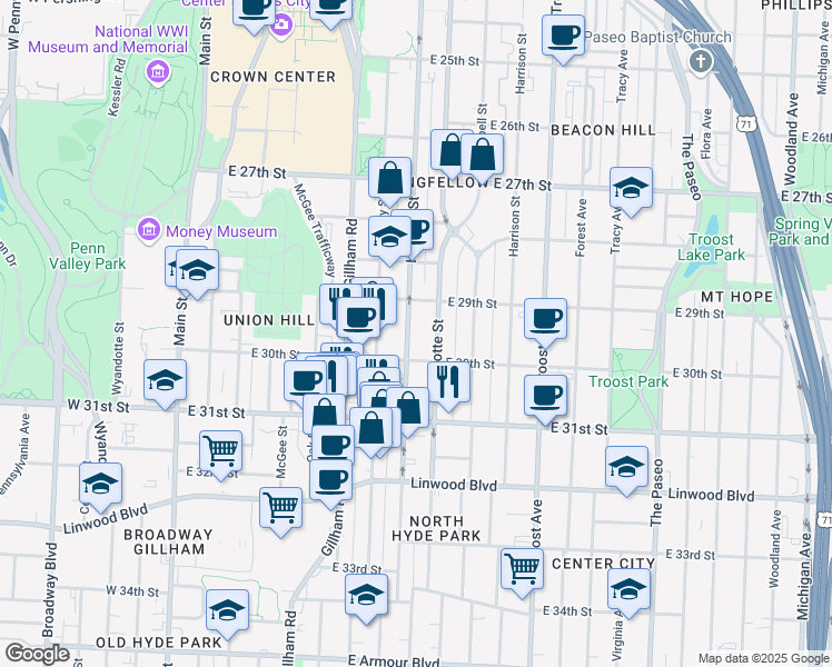map of restaurants, bars, coffee shops, grocery stores, and more near 2923 Holmes Street in Kansas City