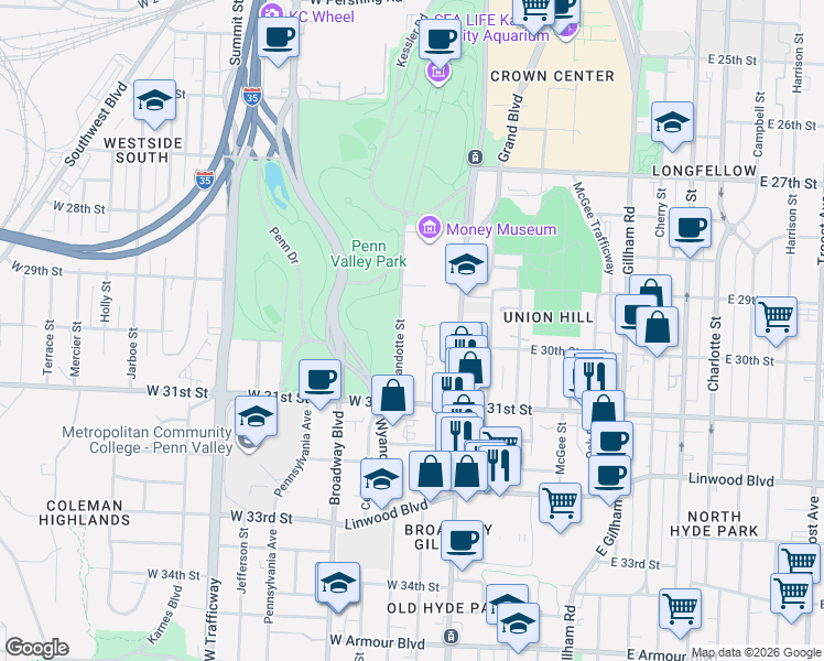 map of restaurants, bars, coffee shops, grocery stores, and more near 2940 Baltimore Avenue in Kansas City