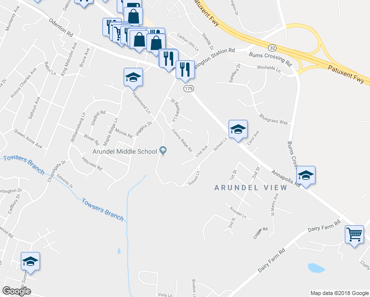 map of restaurants, bars, coffee shops, grocery stores, and more near 1105 Colony Ridge Road in Odenton