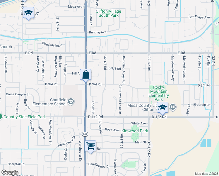 map of restaurants, bars, coffee shops, grocery stores, and more near 3218 Chipeta Court in Clifton