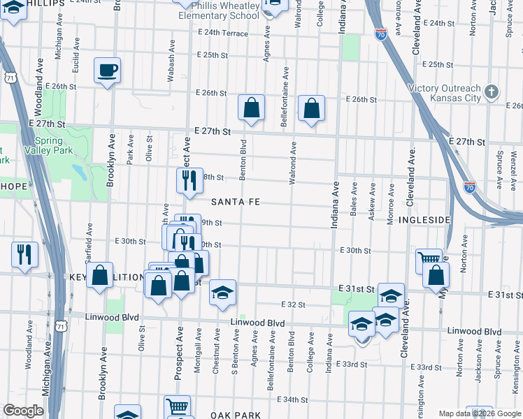 map of restaurants, bars, coffee shops, grocery stores, and more near 2921 Victor Street in Kansas City