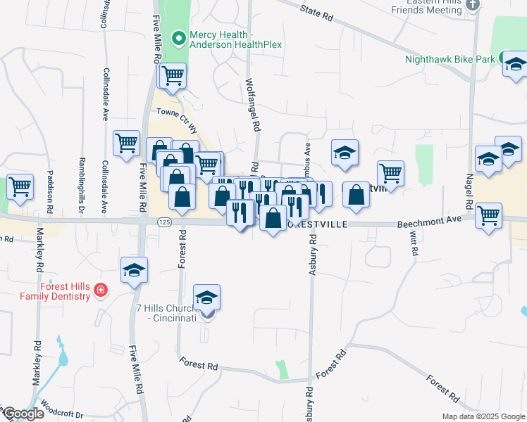 map of restaurants, bars, coffee shops, grocery stores, and more near 7668 Beechmont Avenue in Cincinnati