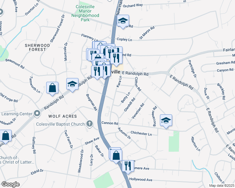map of restaurants, bars, coffee shops, grocery stores, and more near 13211 Kara Lane in Silver Spring